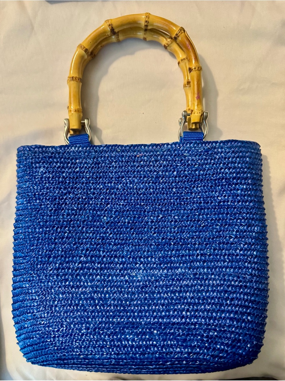 Vintage St. John’s Bay Blue Straw Bamboo-Handle Tote Bag - Picture 2 of 5